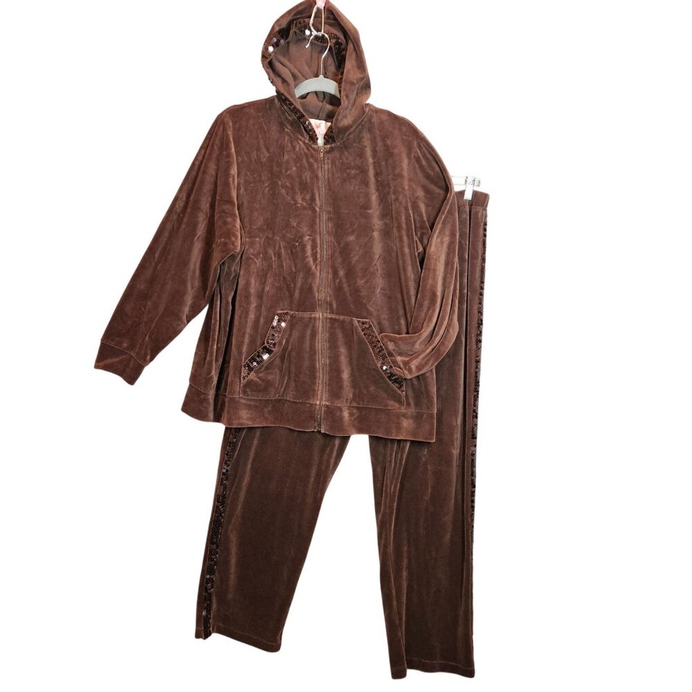 Womens Brown Velour Hoodie Tracksuit Set Sequin Zip Elastic Waist Pants retro